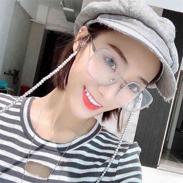 sunglasses small fragrance same pearl chain box flat light glasses frame fashion street shooting sunglasses ch2195s wef2, White;black